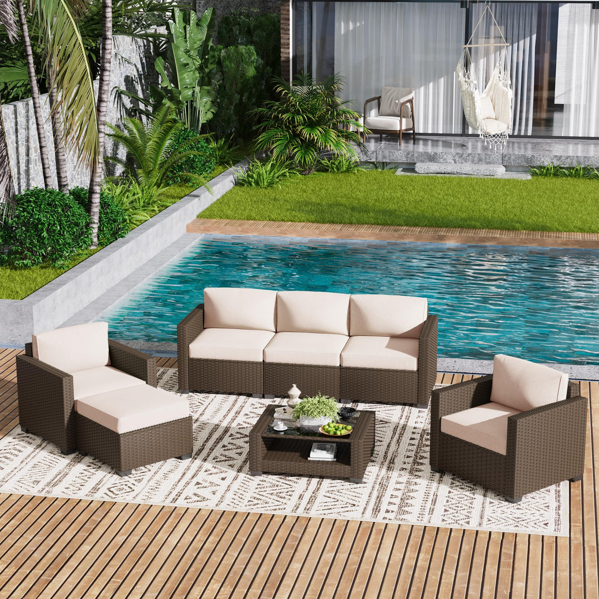 LOUVIXA 7 Piece Outdoor Patio Furniture Set, Rattan Chairs Glass Table Wicker Conversation Seating Sectional Sofa with Cushions (Brown-Camel, 7Pcs-2 Layer Coffee Table)