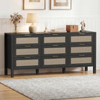 LOUVIXA Rattan Chest of Dressers, Wooden Drawer Dresser, 9 Drawers Rattan Dresser for Bedroom, Living Room, Hallway (Black, 9 Drawers)