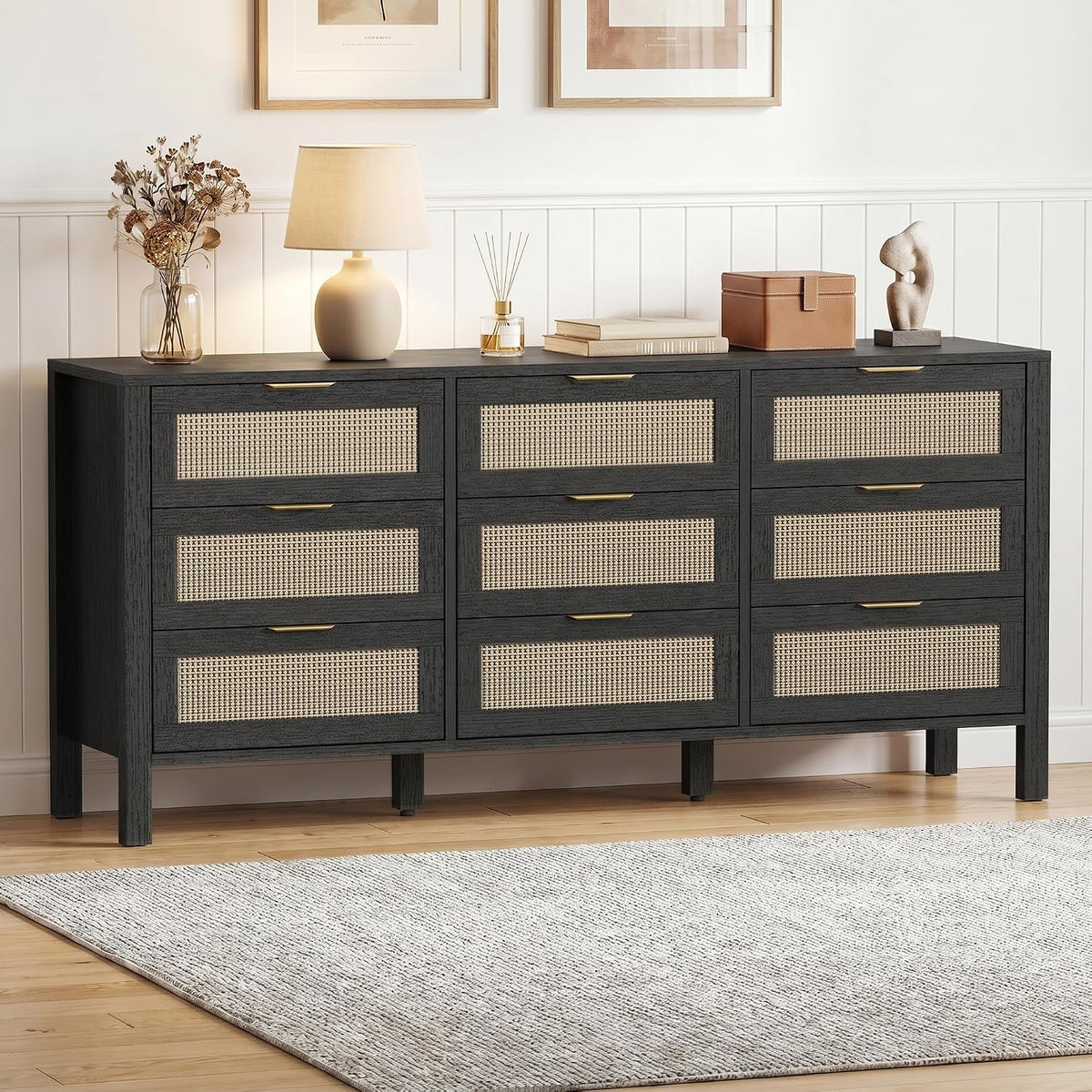 LOUVIXA Rattan Chest of Dressers, Wooden Drawer Dresser, 9 Drawers Rattan Dresser for Bedroom, Living Room, Hallway (Black, 9 Drawers)