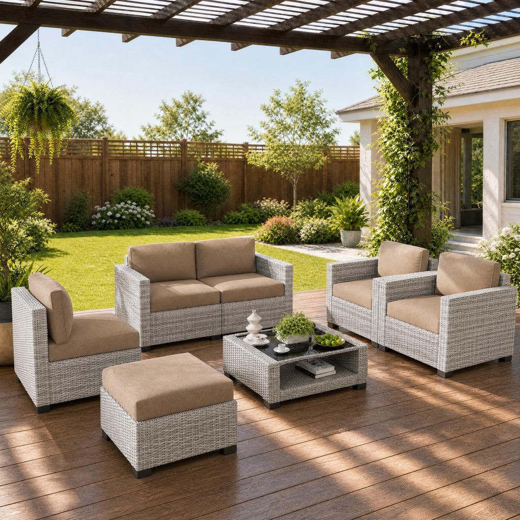LOUVIXA 7 Piece Outdoor Patio Furniture Set, Rattan Chairs Glass Table Wicker Conversation Seating Sectional Sofa with Cushions (Brown-Camel, 7Pcs-2 Layer Coffee Table)