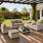 LOUVIXA 7 Piece Outdoor Patio Furniture Set, Rattan Chairs Glass Table Wicker Conversation Seating Sectional Sofa with Cushions (Brown-Camel, 7Pcs-2 Layer Coffee Table)