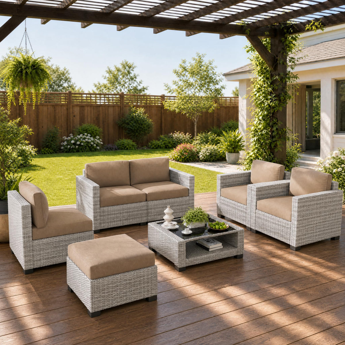 LOUVIXA 7 Piece Outdoor Patio Furniture Set, Rattan Chairs Glass Table Wicker Conversation Seating Sectional Sofa with Cushions (Brown-Camel, 7Pcs-2 Layer Coffee Table)