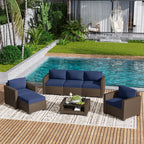 LOUVIXA 7 Piece Outdoor Patio Furniture Set, Rattan Chairs Glass Table Wicker Conversation Seating Sectional Sofa with Cushions (Brown-Camel, 7Pcs-2 Layer Coffee Table)