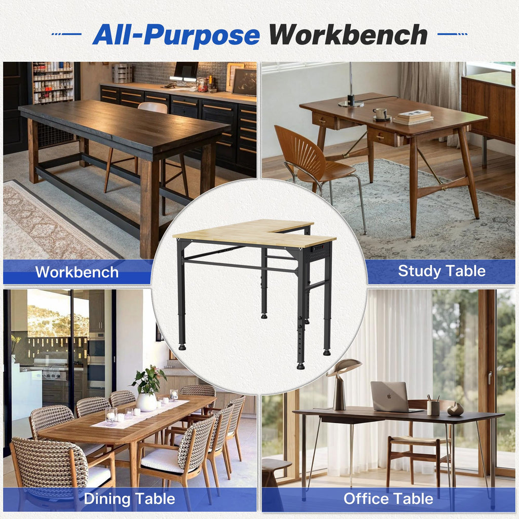 94.5" Heavy Duty Workbench, Height Adjustable Garage Work Table, Workstation Desk with Power Strip2, Workbench with Pegboard, 2000LBS Max Load