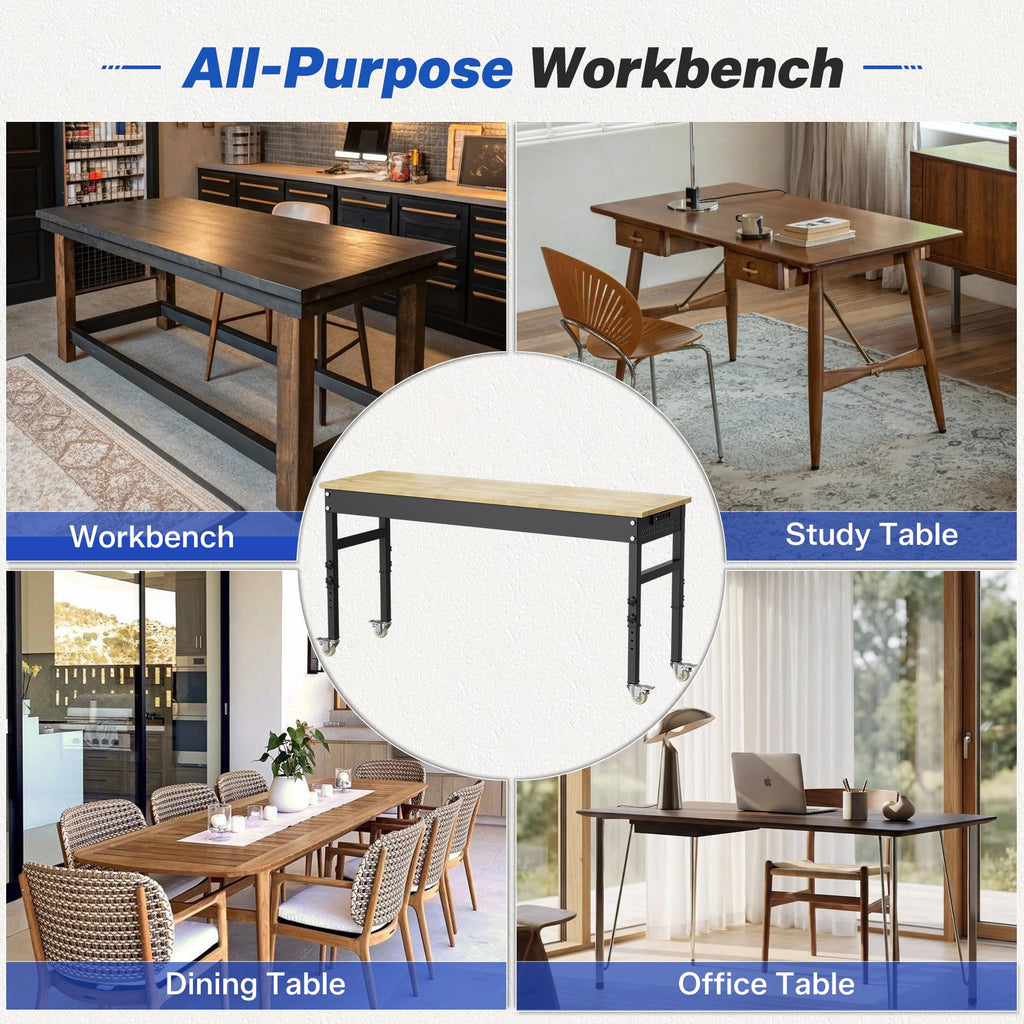 94.5" Heavy Duty Workbench, Height Adjustable Garage Work Table, Workstation Desk with Power Strip2, Workbench with Pegboard, 2000LBS Max Load