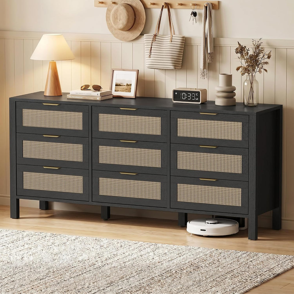 LOUVIXA Rattan Chest of Dressers, Wooden Drawer Dresser, 9 Drawers Rattan Dresser for Bedroom, Living Room, Hallway (Black, 9 Drawers)