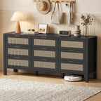 LOUVIXA Rattan Chest of Dressers, Wooden Drawer Dresser, 9 Drawers Rattan Dresser for Bedroom, Living Room, Hallway (Black, 9 Drawers)