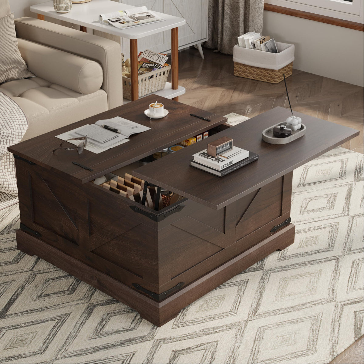 LOUVIXA Farmhouse Lift Top Coffee Table with Hidden Storage Compartment