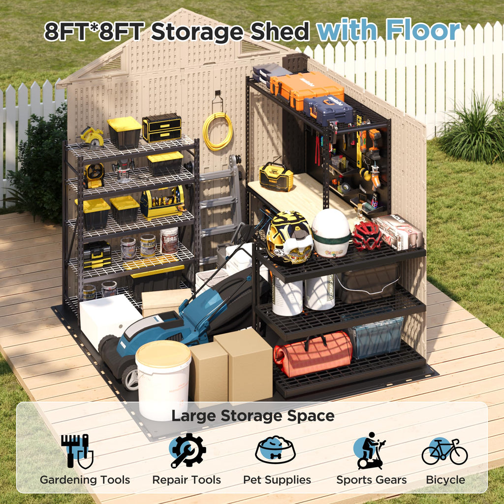 8x6 Resin Shed with Floor, Plastic Storage Shed with Window, Outside Storage Sheds with Lockable Door, Vents for Backyard, Garden, Lawn (8FTx6FT)