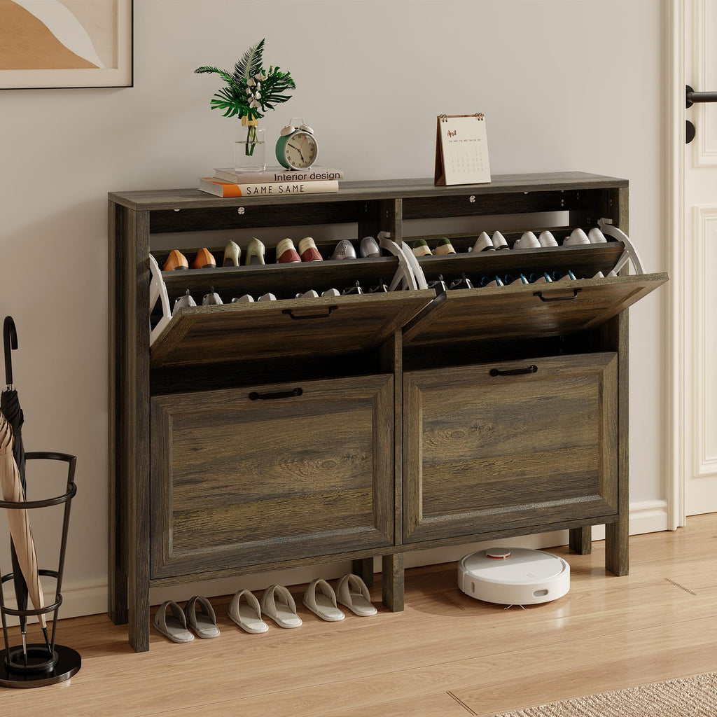 Freestanding Shoe Cabinet with 4 Flip-Down Drawers – Entryway Storage, Brown