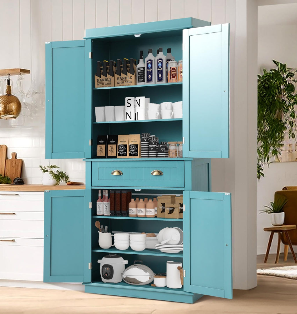 72" Kitchen Pantry Storage Cabinet with Adjustable Shelves & Drawer – Lake Blue