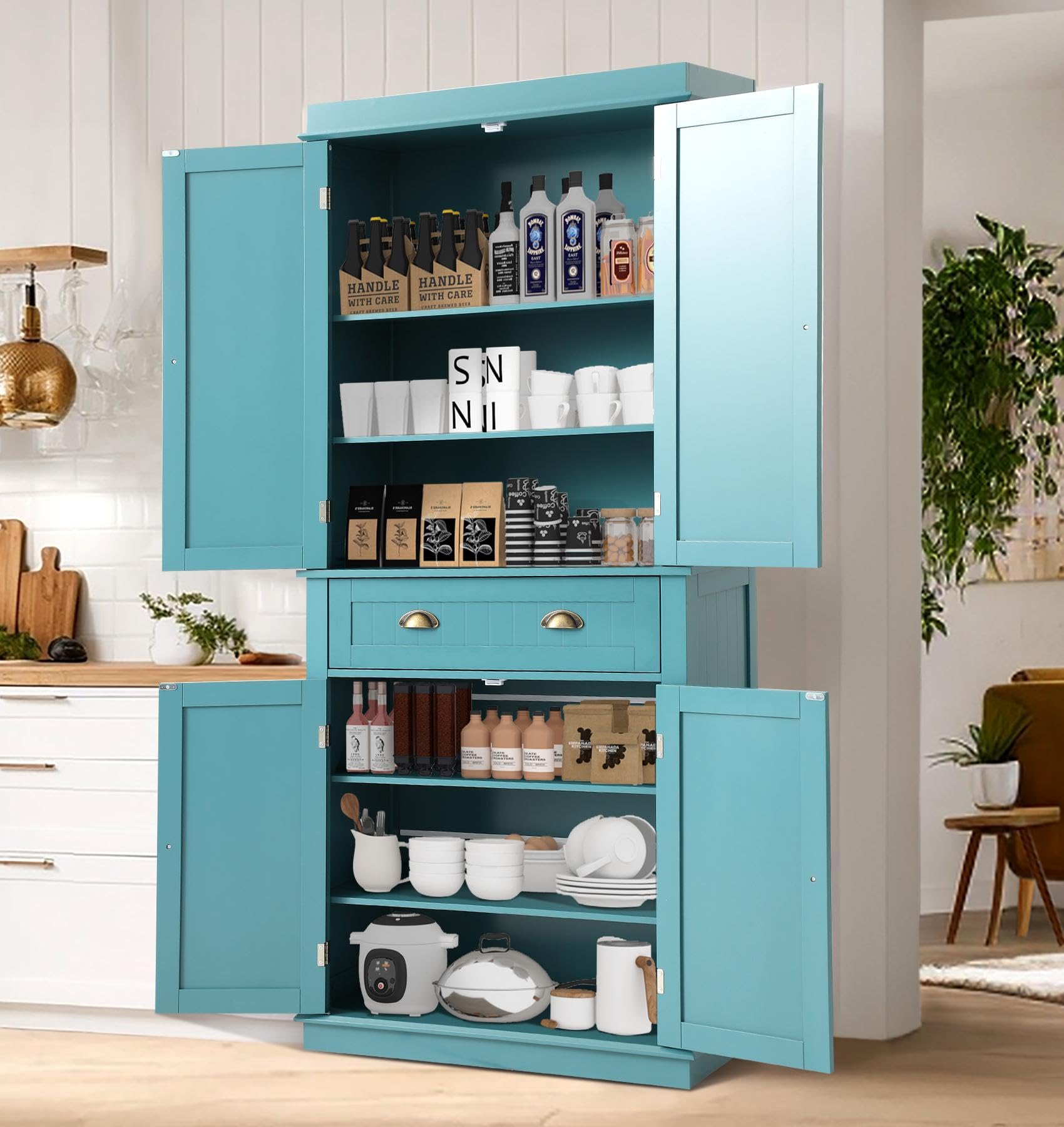 72" Kitchen Pantry Storage Cabinet with Adjustable Shelves & Drawer – Lake Blue