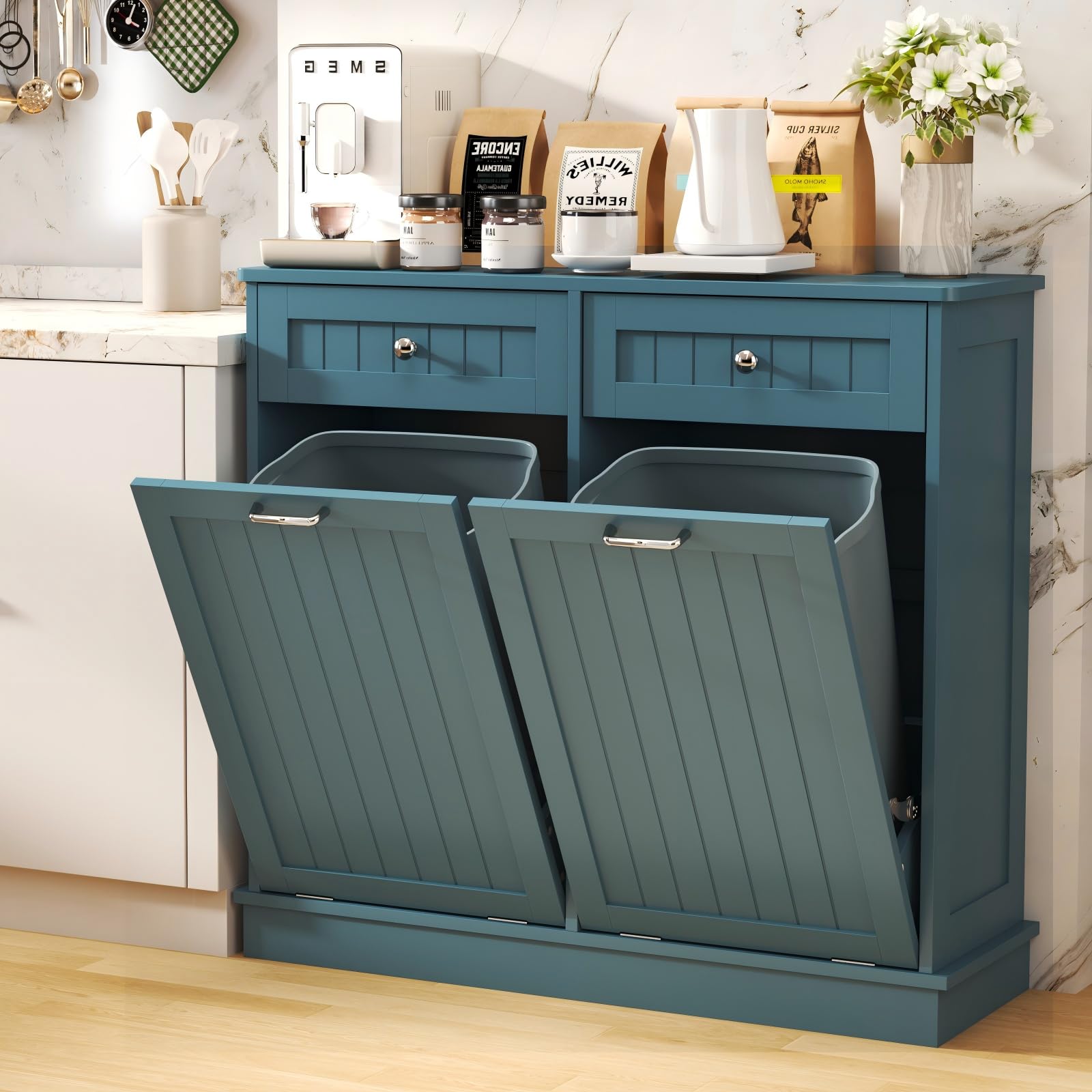 Tilt-Out Trash Cabinet with Double Hidden Bins & Drawers – Teal
