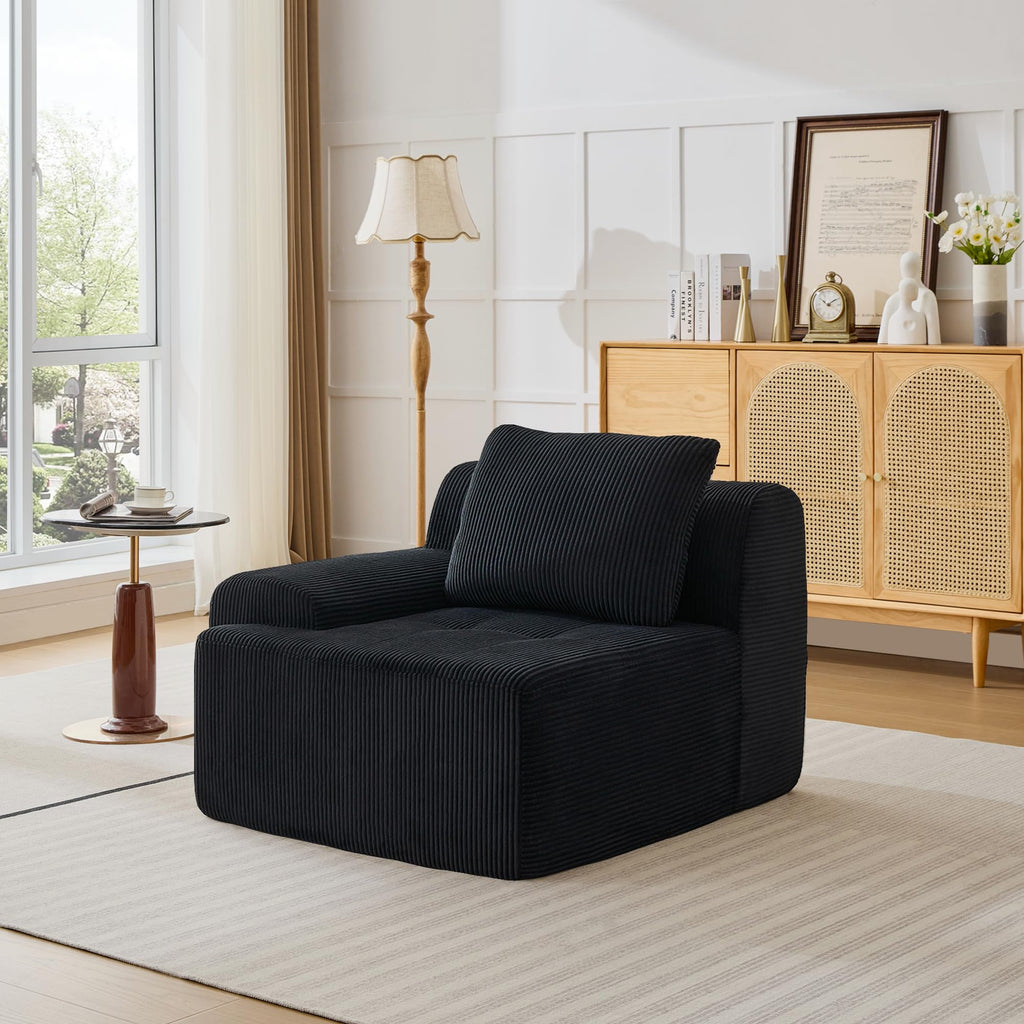 Modular Corduroy Sofa – Deep Seat Cloud Couch, Left Armchair, Black