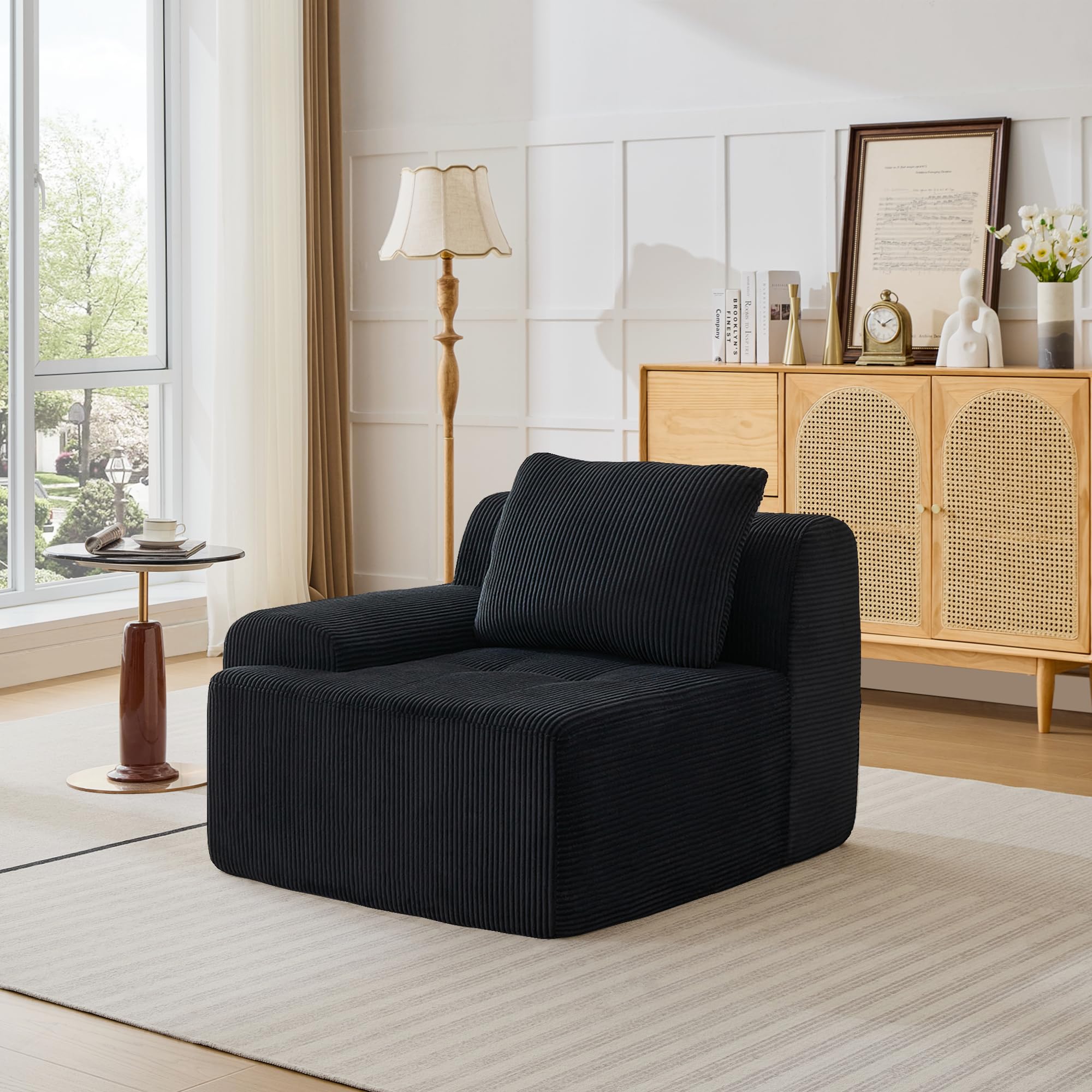 Modular Corduroy Sofa – Deep Seat Cloud Couch, Left Armchair, Black