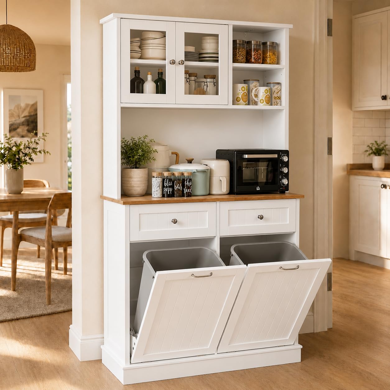 68.4" Kitchen Pantry Storage Cabinet with Glass Hutch & Tilt-Out Trash Bin – White, Double Trash