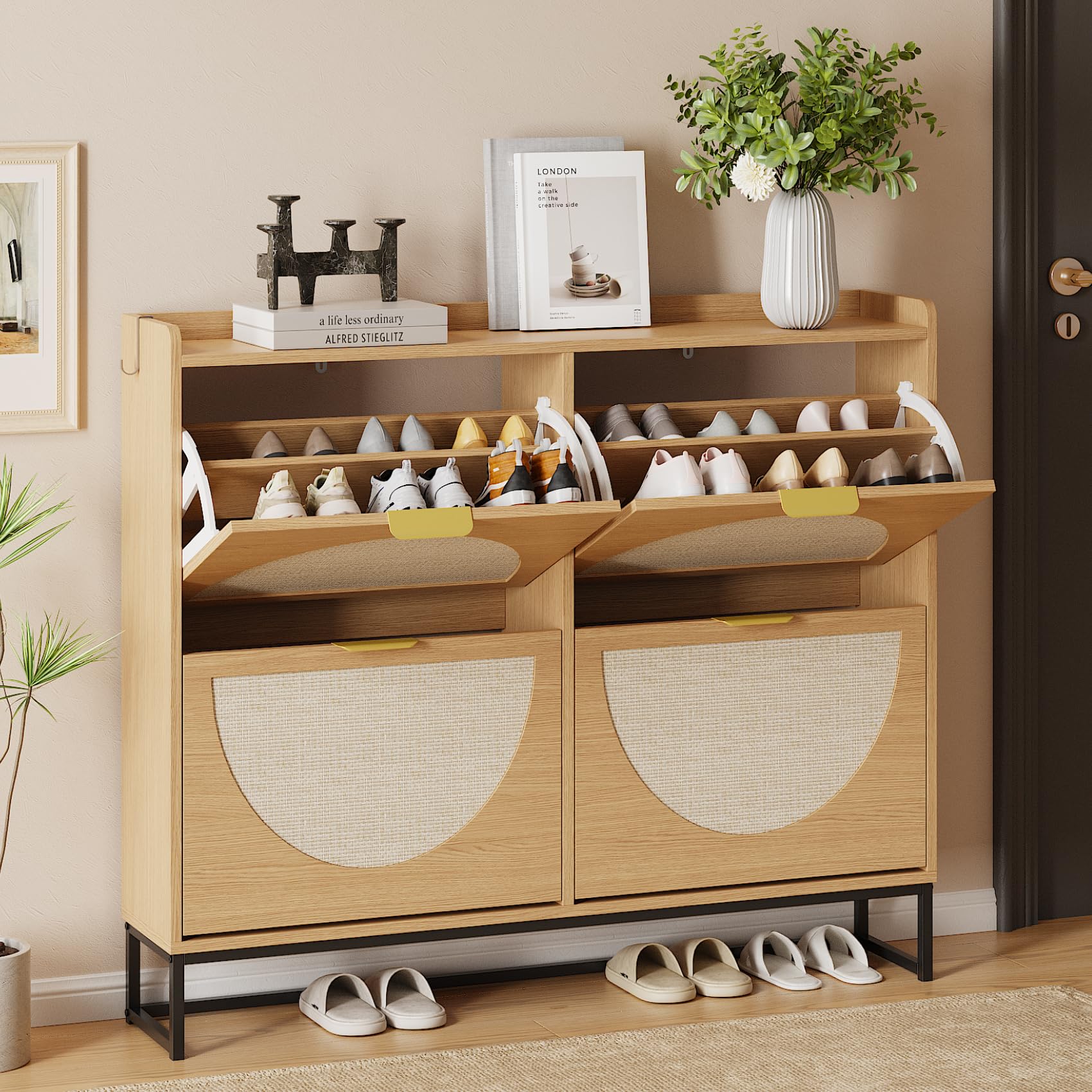 Freestanding Shoe Storage Cabinet with Rattan Doors – Entryway & Hallway, Natural Oak