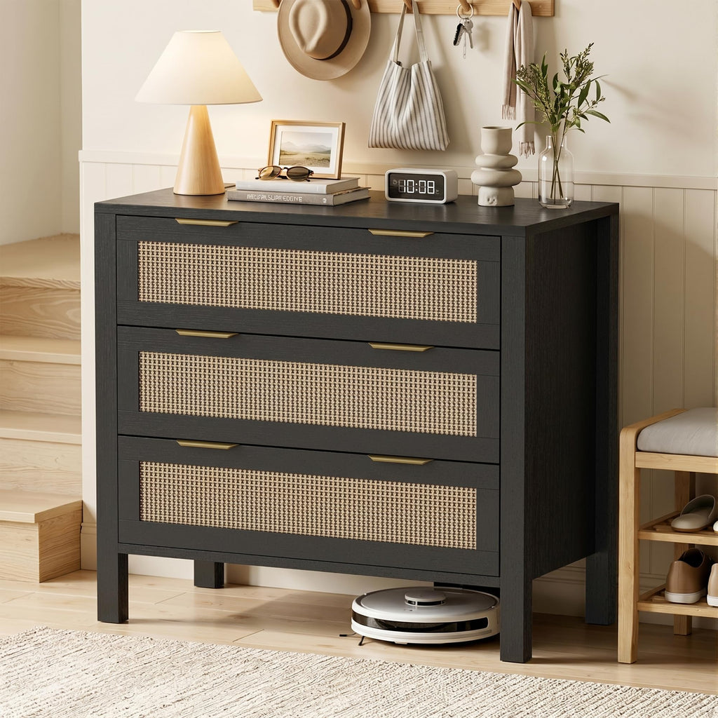 3-Drawer Rattan Dresser – Modern Black Chest of Drawers with Gold Handles