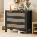 3-Drawer Rattan Dresser – Modern Black Chest of Drawers with Gold Handles