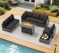 8-Piece Outdoor Wicker Sectional Sofa Set with 43" Fire Pit Table – Gray Rattan, Black Cushions