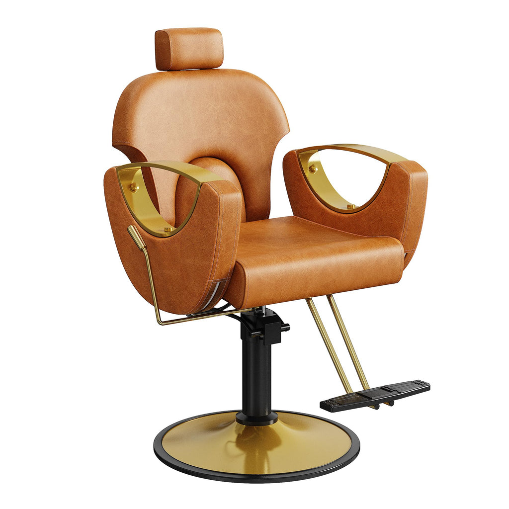 Sculptural Barber Chair with Cutout Gold Armrests – Reclining & 360° Swivel, Caramel Brown
