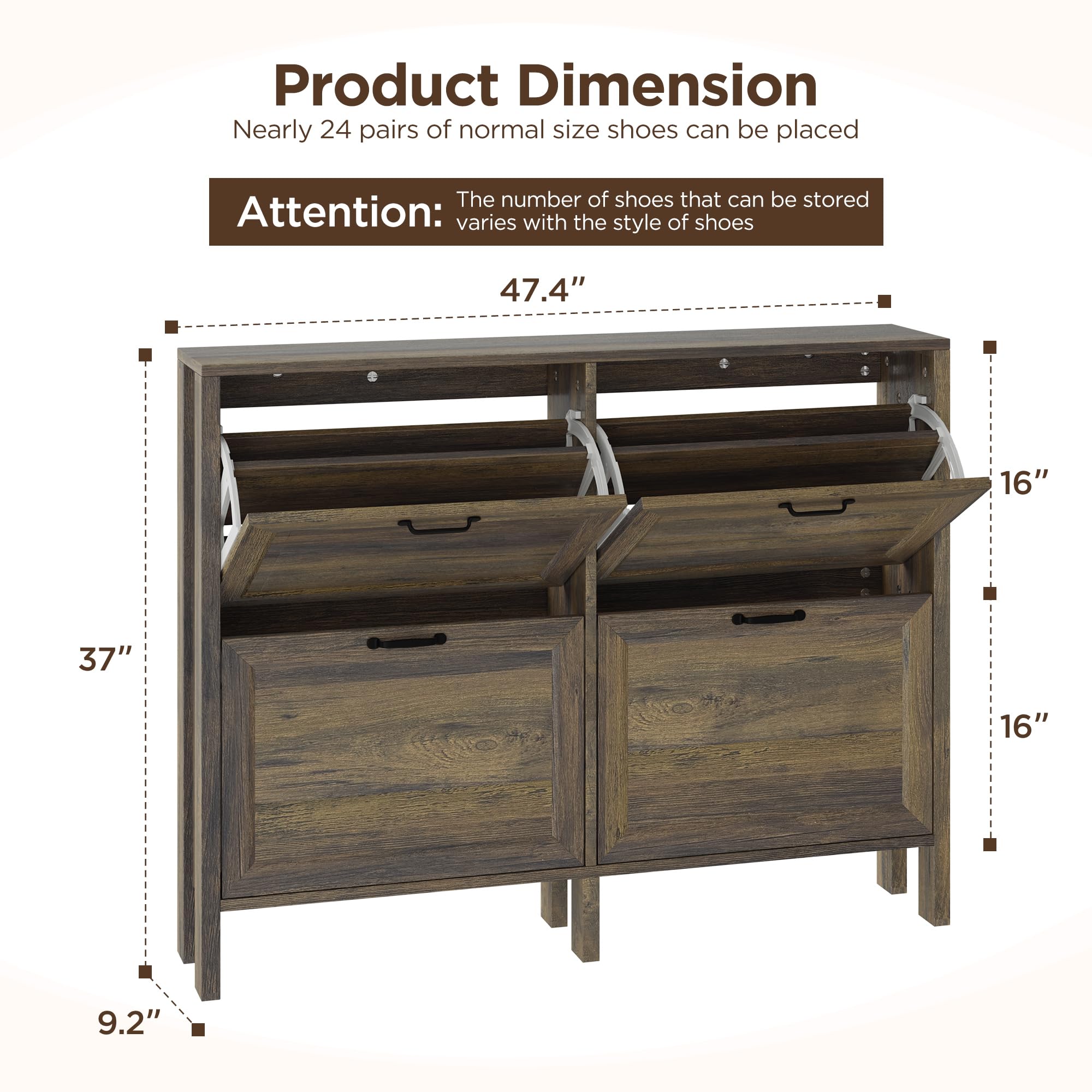 Freestanding Shoe Cabinet with 4 Flip-Down Drawers – Entryway Storage, Brown