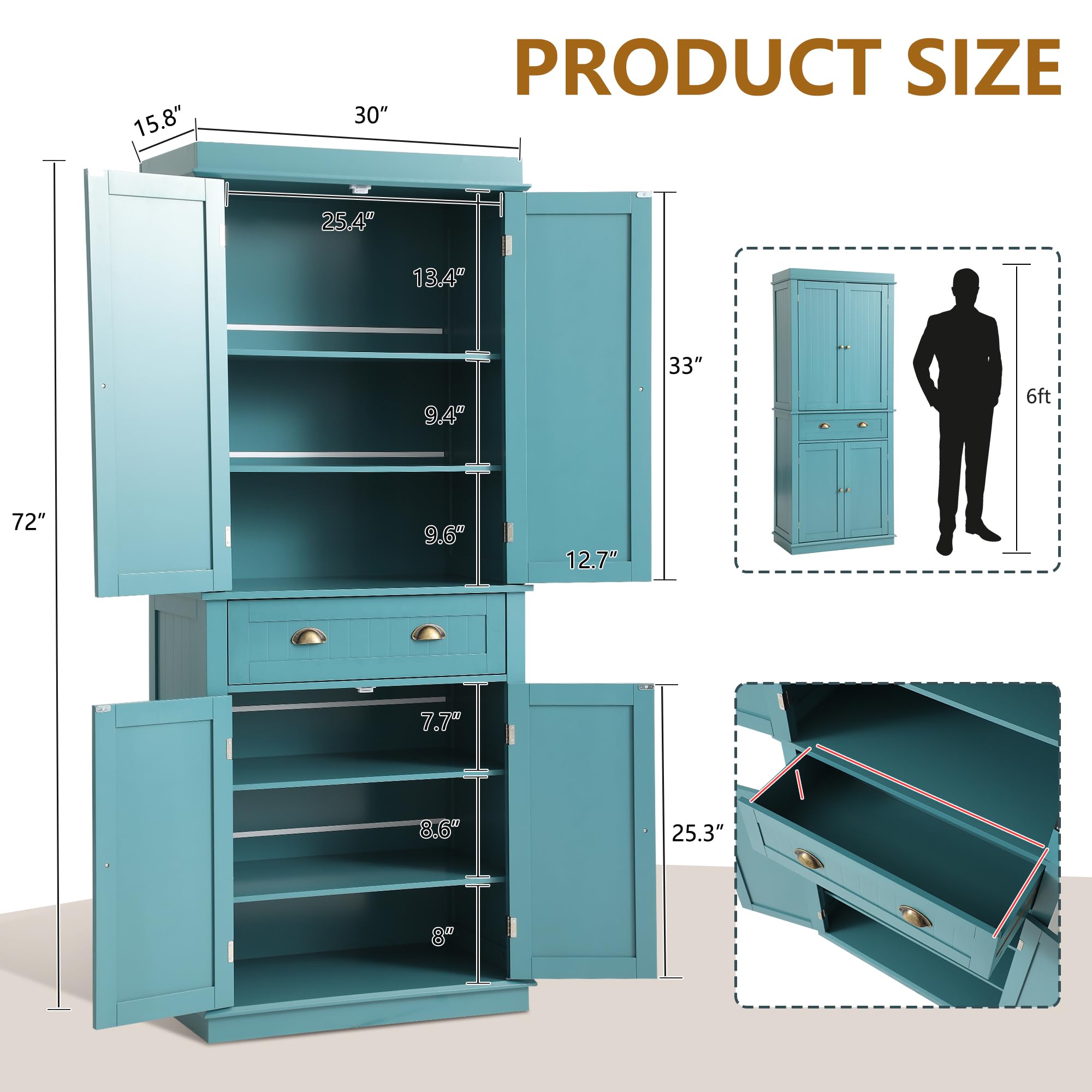 72" Kitchen Pantry Storage Cabinet with Adjustable Shelves & Drawer – Lake Blue