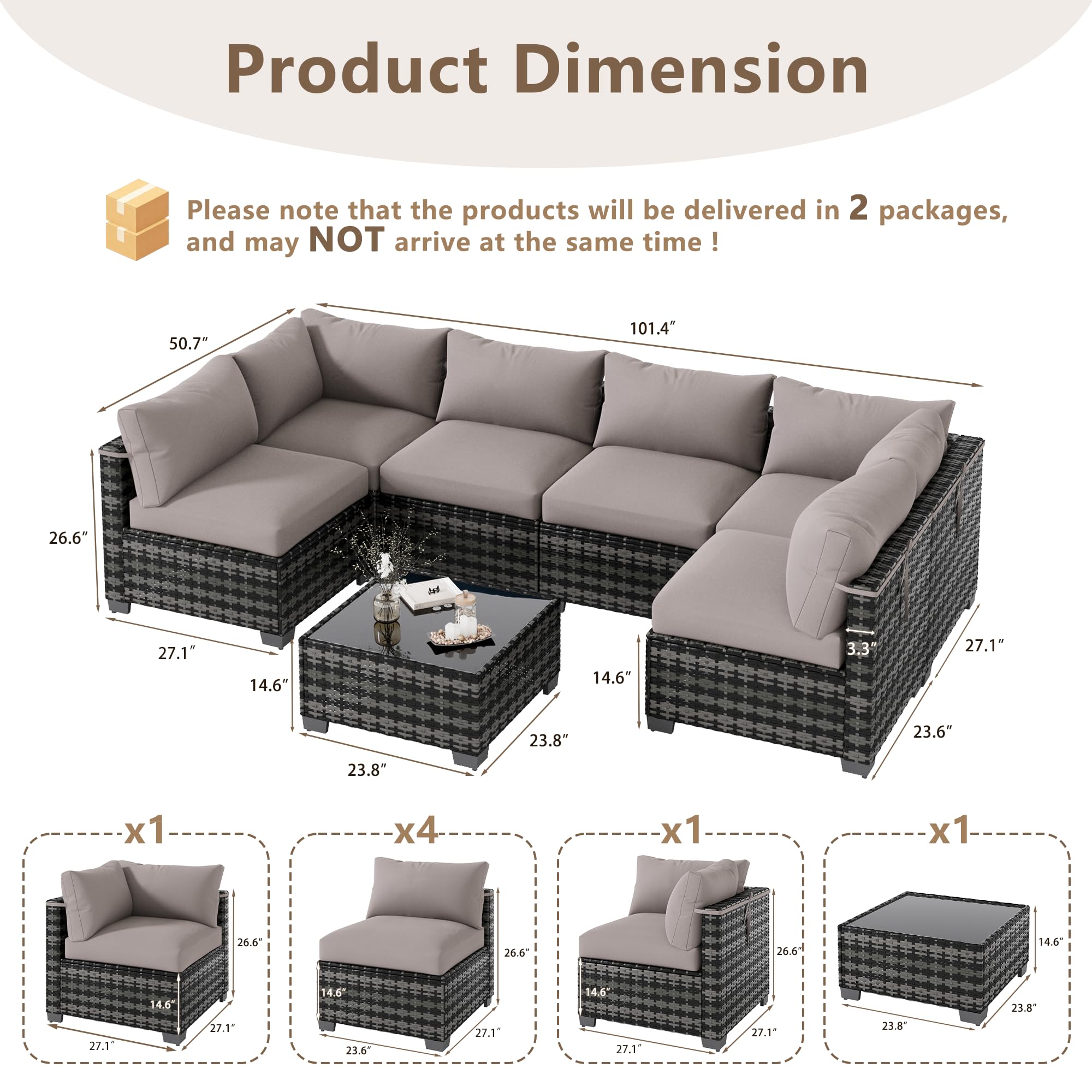 7-Piece Outdoor Wicker Sectional Sofa Set with Coffee Table – Gray Rattan, Taupe Cushions