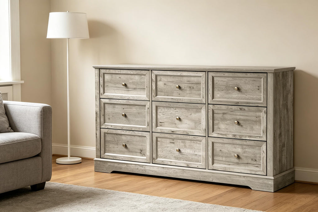 Farmhouse 9-Drawer Dresser – Bedroom Chest of Drawers, Rustic Gray