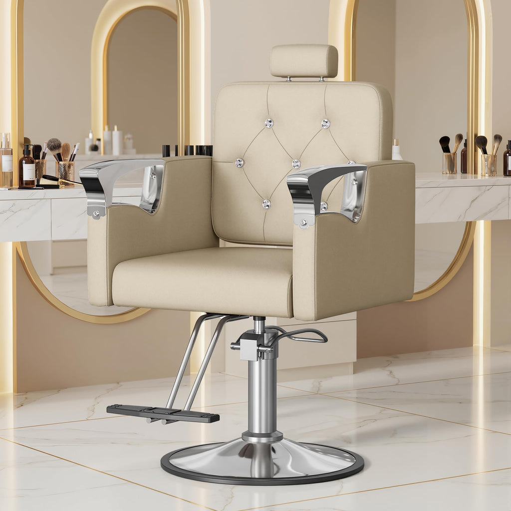 Reclining Salon Chair with Tufted Back & 360° Swivel – Height Adjustable, Beige
