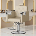 Reclining Salon Chair with Tufted Back & 360° Swivel – Height Adjustable, Beige