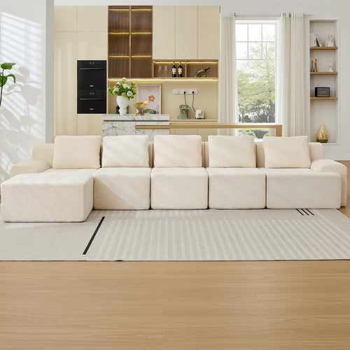 6-Piece Modular Corduroy Sectional Sofa – L-Shape, Deep Seat, White