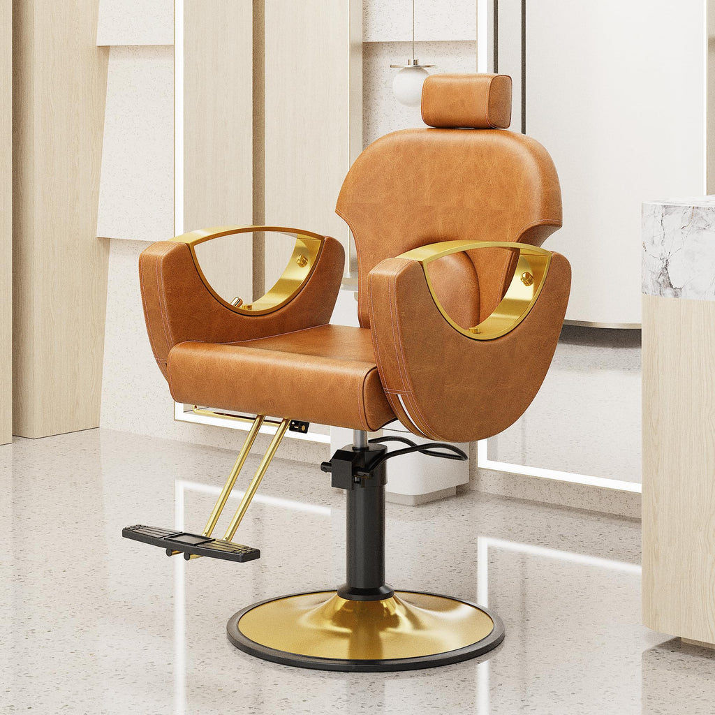 Sculptural Barber Chair with Cutout Gold Armrests – Reclining & 360° Swivel, Caramel Brown