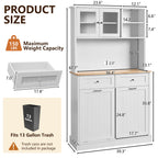 68.4" Kitchen Pantry Storage Cabinet with Glass Hutch & Tilt-Out Trash Bin – White, Double Trash