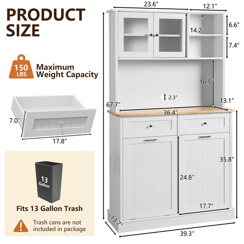 68.4" Kitchen Pantry Storage Cabinet with Glass Hutch & Tilt-Out Trash Bin – White, Double Trash