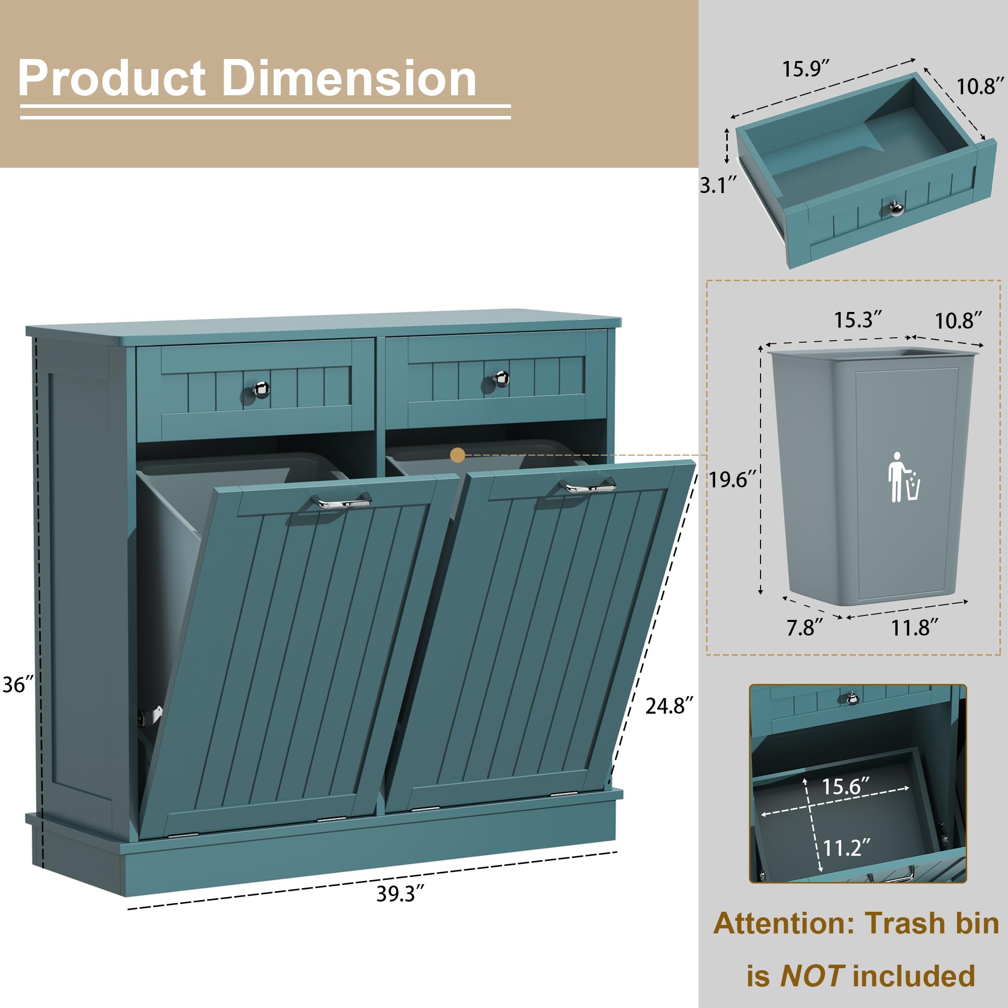 Tilt-Out Trash Cabinet with Double Hidden Bins & Drawers – Teal