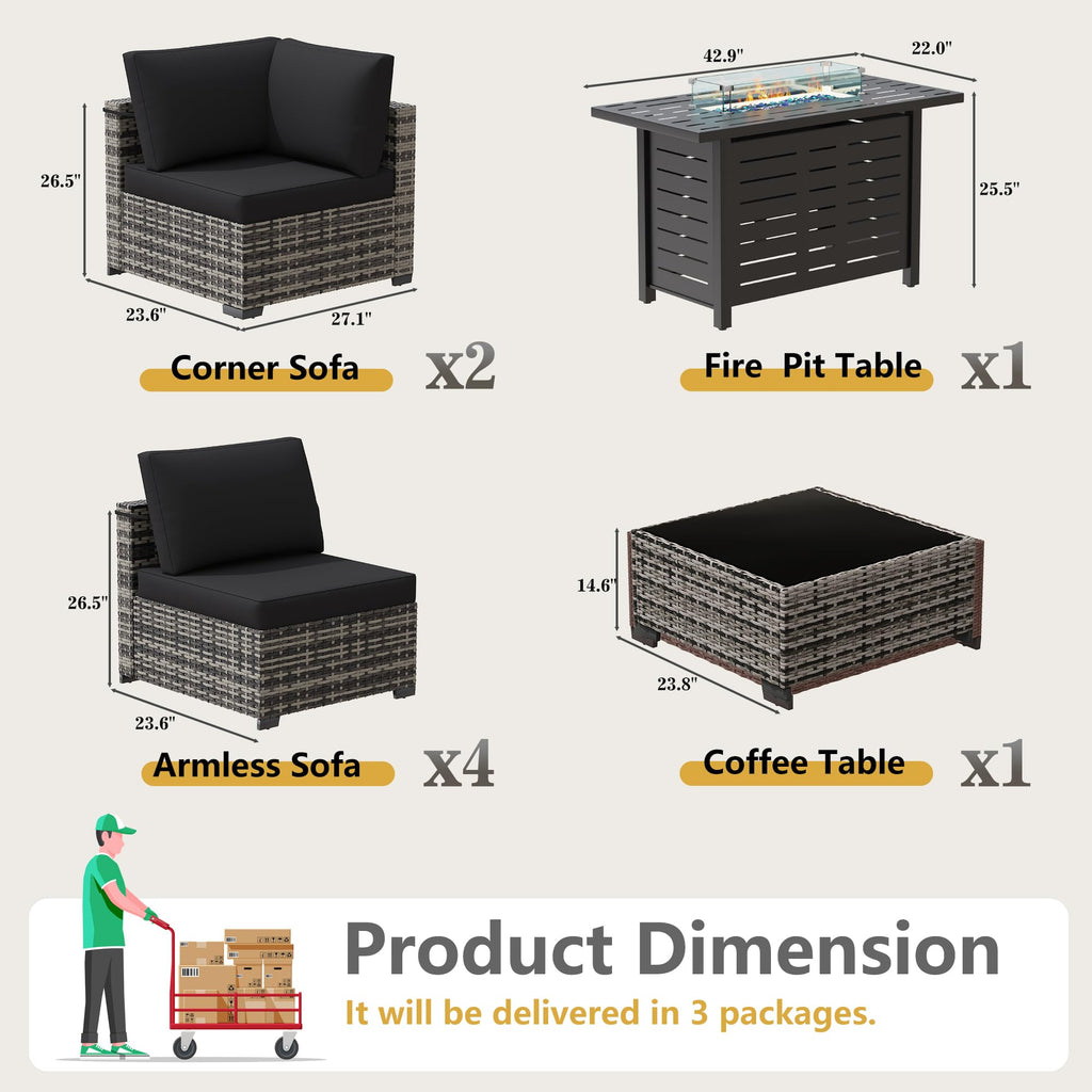 8-Piece Outdoor Wicker Sectional Sofa Set with 43" Fire Pit Table – Gray Rattan, Black Cushions