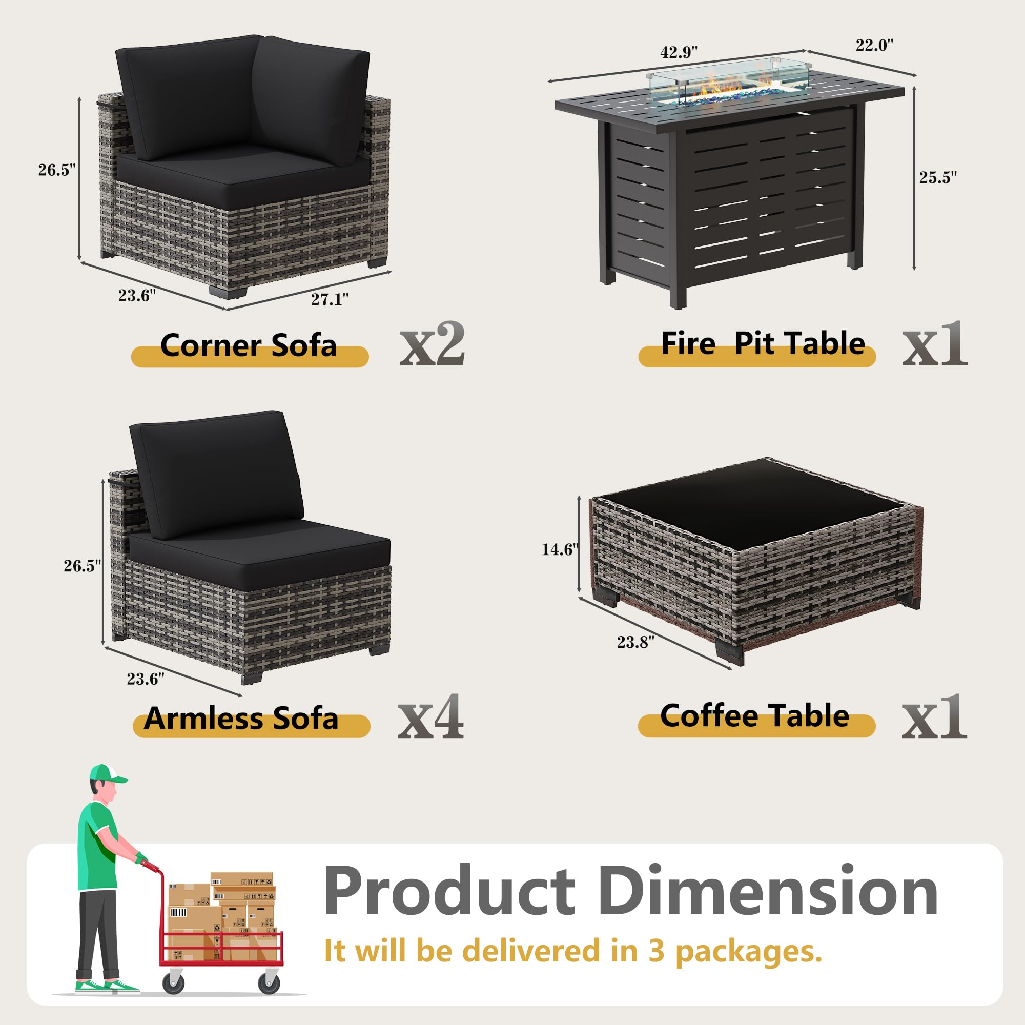 8-Piece Outdoor Wicker Sectional Sofa Set with 43" Fire Pit Table – Gray Rattan, Black Cushions