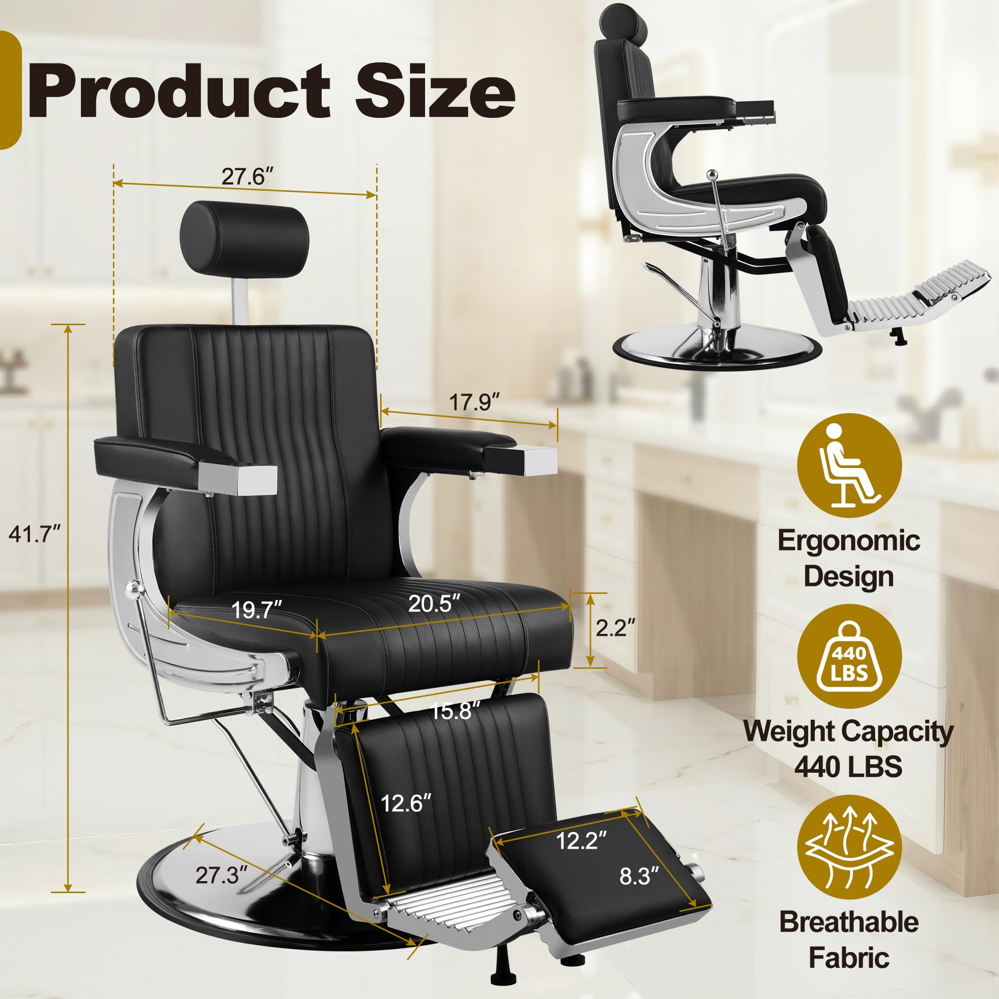 Professional Hydraulic Barber Chair with 360° Swivel & Recline – Black