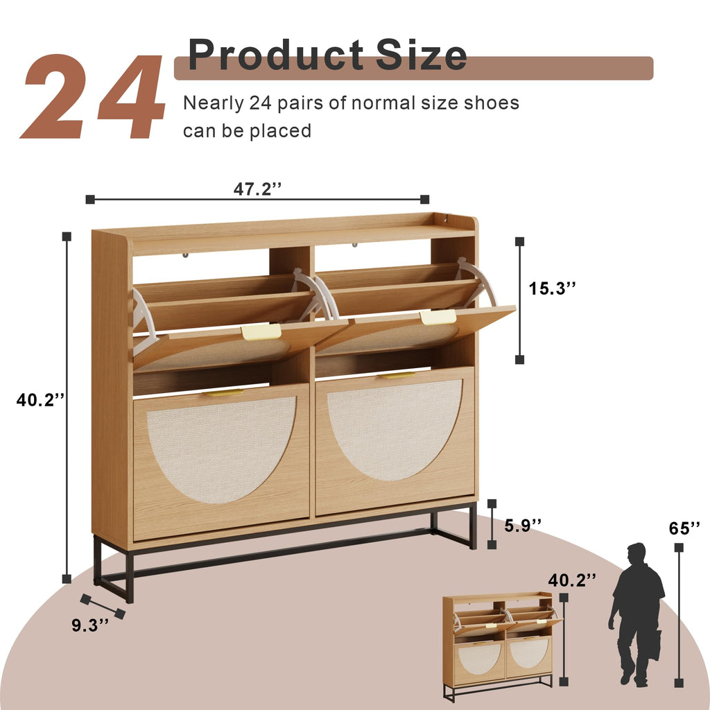 Freestanding Shoe Storage Cabinet with Rattan Doors – Entryway & Hallway, Natural Oak