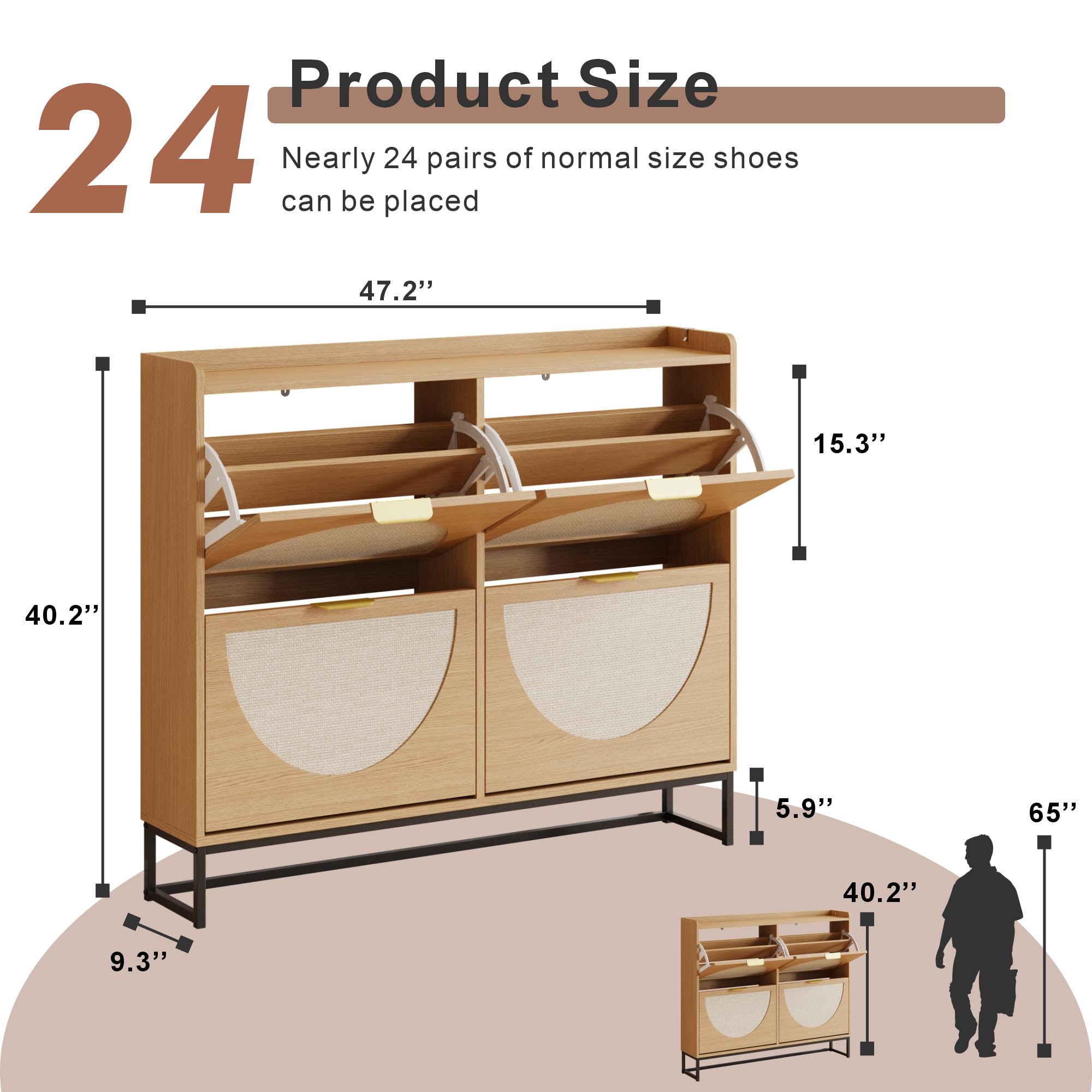 Freestanding Shoe Storage Cabinet with Rattan Doors – Entryway & Hallway, Natural Oak