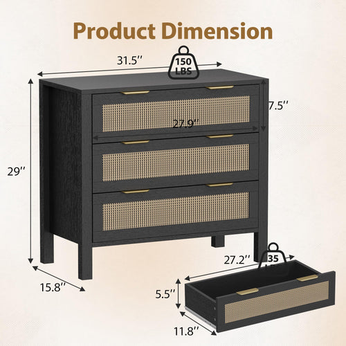 3-Drawer Rattan Dresser – Modern Black Chest of Drawers with Gold Handles
