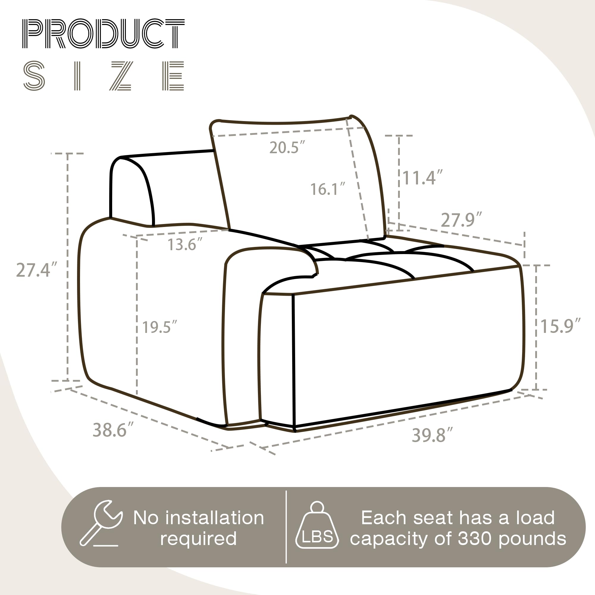 Modular Corduroy Sofa – Deep Seat Cloud Couch, Left Armchair, Black