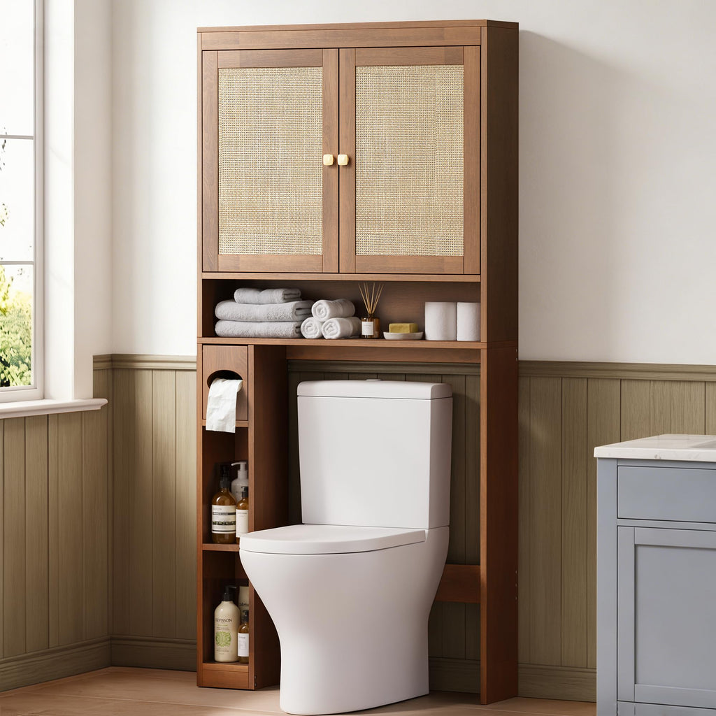 Over-The-Toilet Storage Cabinet with Rattan Doors, Adjustable Shelf & Tissue Holder – Rustic Brown