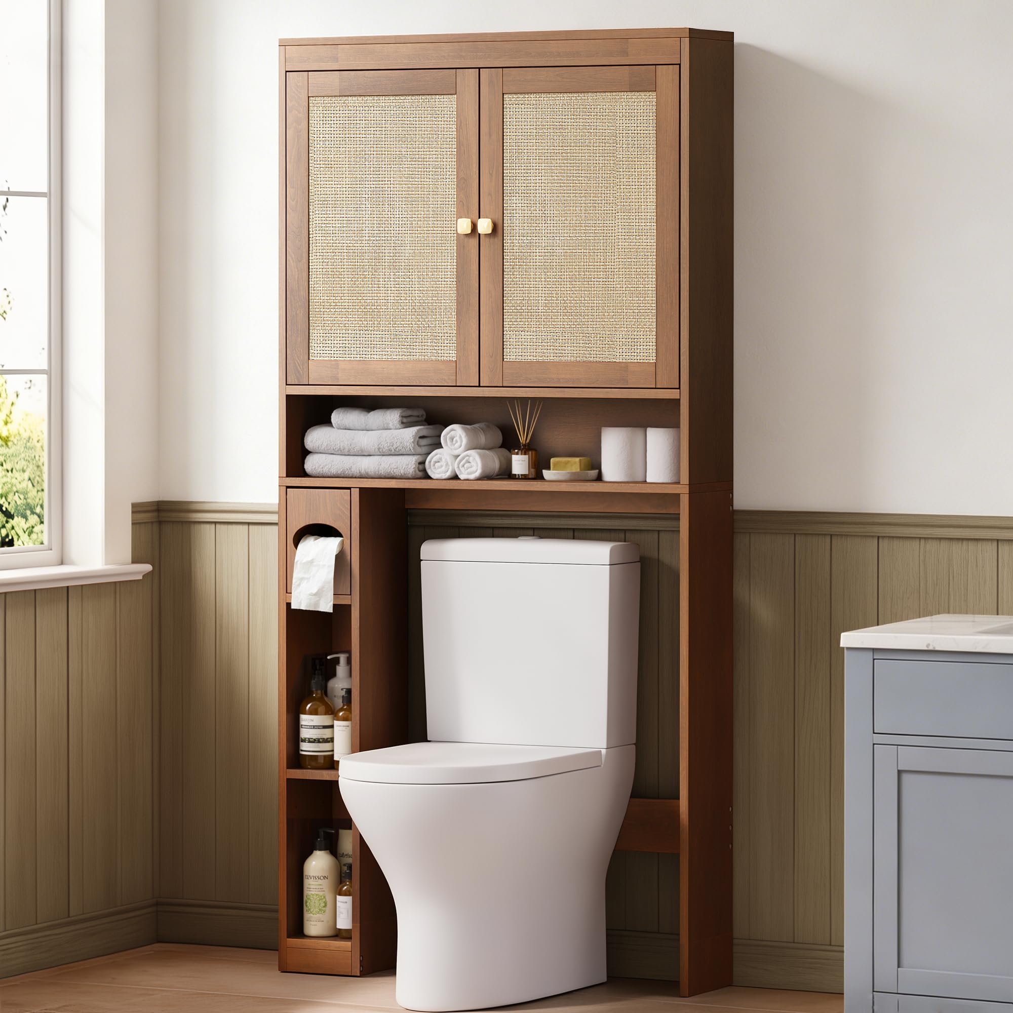 Over-The-Toilet Storage Cabinet with Rattan Doors, Adjustable Shelf & Tissue Holder – Rustic Brown