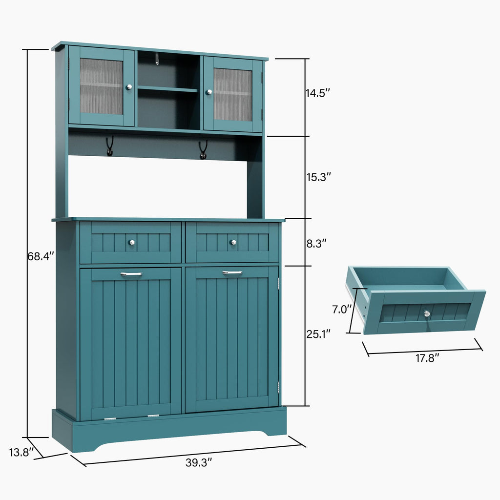 68.4" Kitchen Pantry Storage Cabinet with Hutch, Drawers & Tilt-Out Trash Bin – Deep Teal