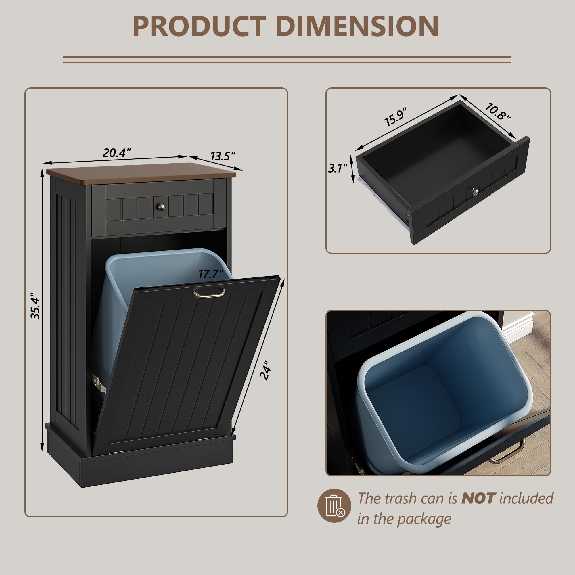 Tilt-Out Trash Cabinet with Drawer – Single Hidden Bin, Black