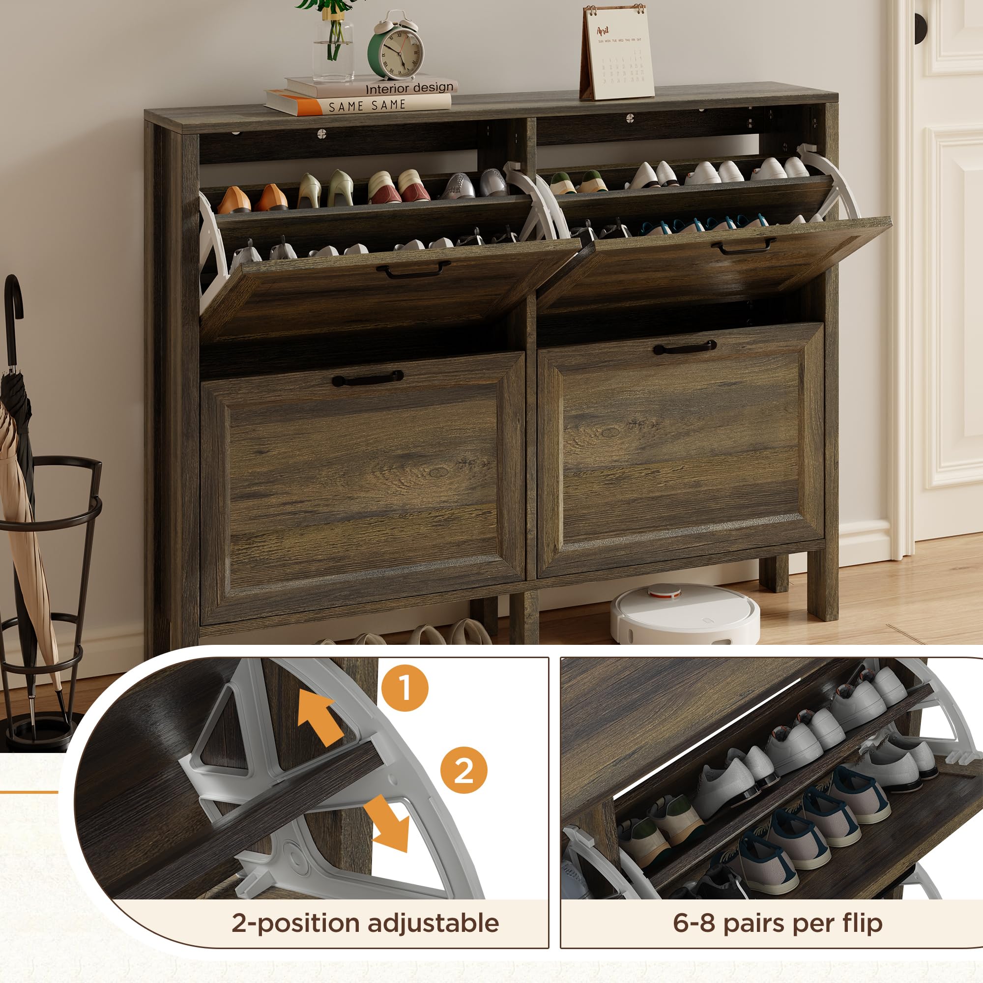 Freestanding Shoe Cabinet with 4 Flip-Down Drawers – Entryway Storage, Brown