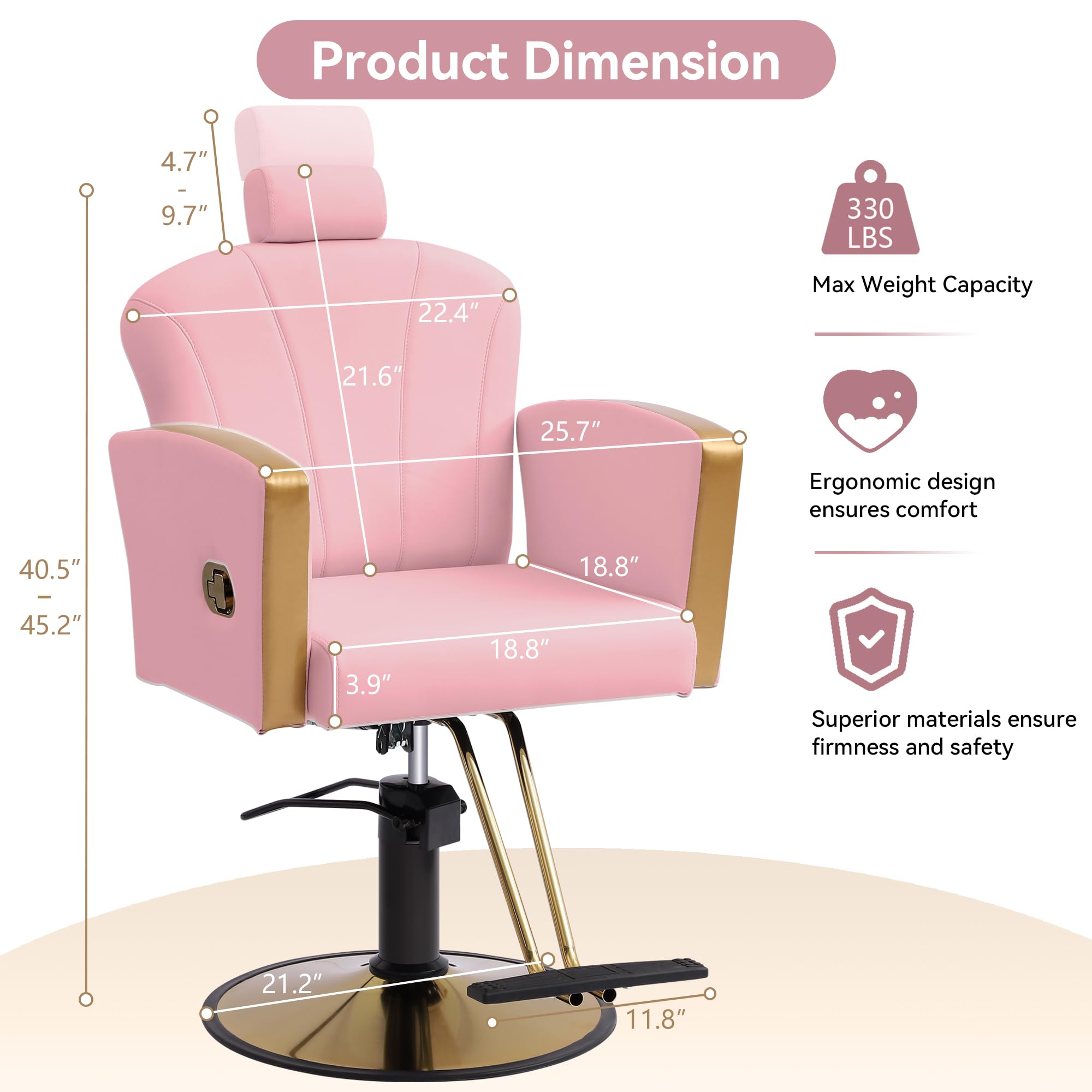 Scalloped Reclining Salon Chair with Gold Trim – Height Adjustable, Pink