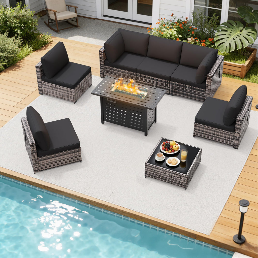 8-Piece Outdoor Wicker Sectional Sofa Set with 43" Fire Pit Table – Gray Rattan, Black Cushions